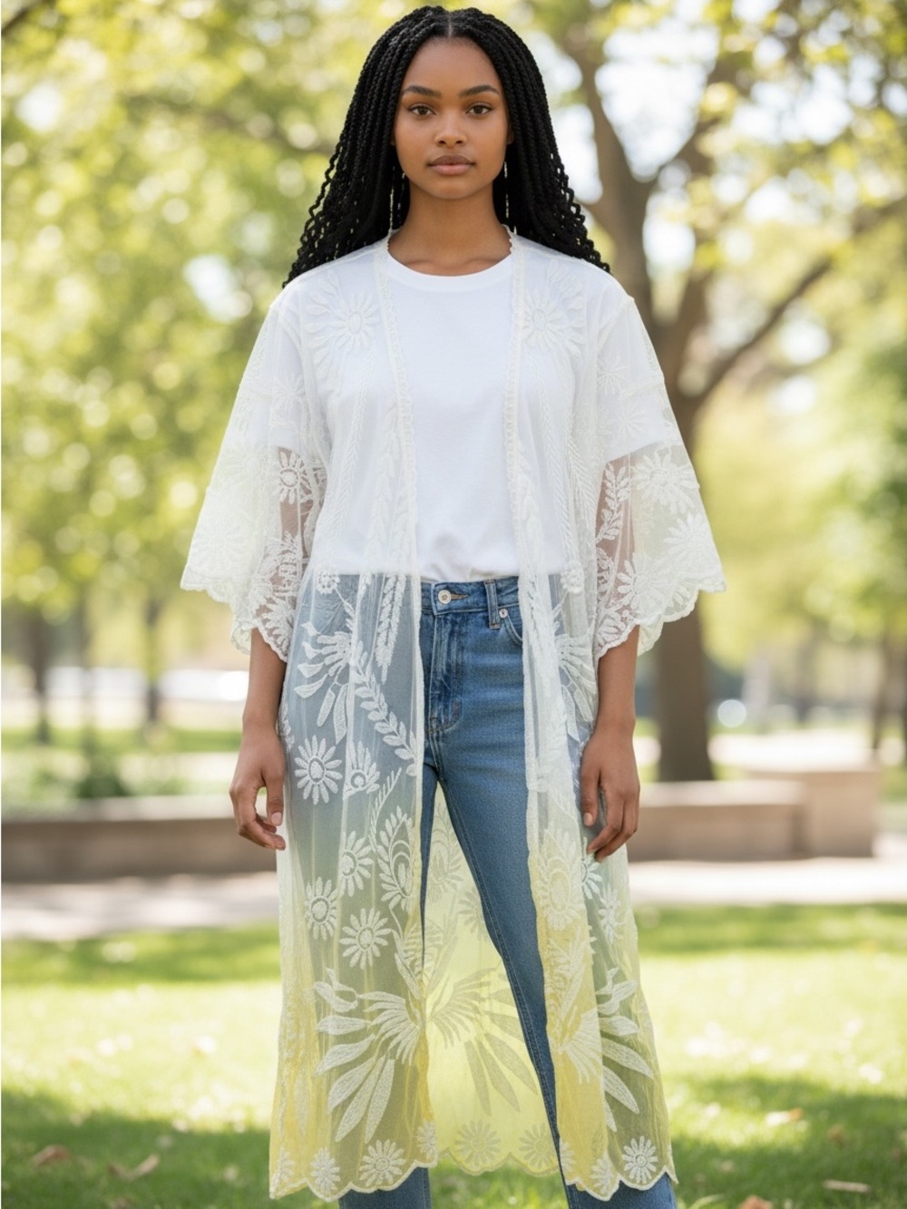 White And Yellow Ombré Lace Kimono